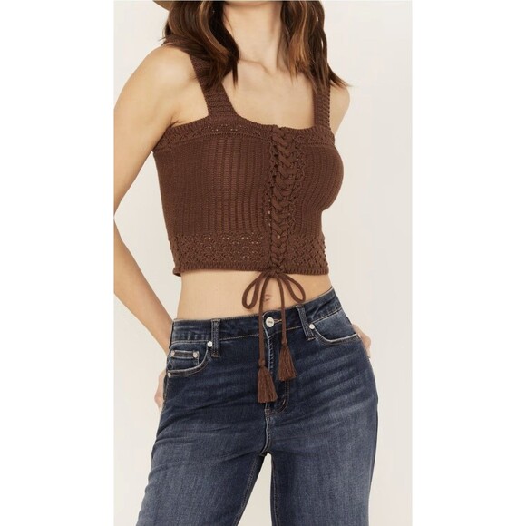 Shyanne Tops - Shyanne Brown Crocheted Knit Crop Top